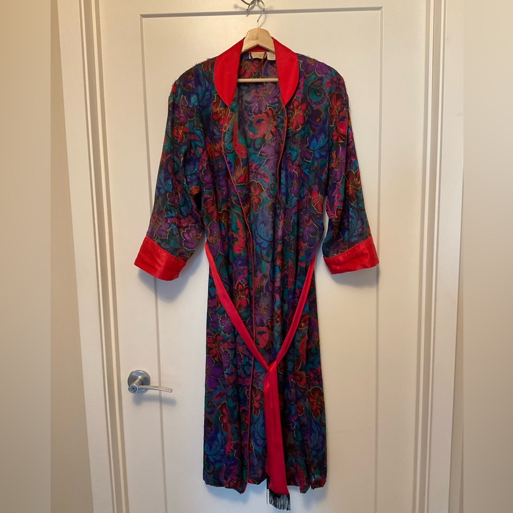 Victoria Secret Vintage Robe Satin Sheer Floral Full Length Sz S/P Oversized